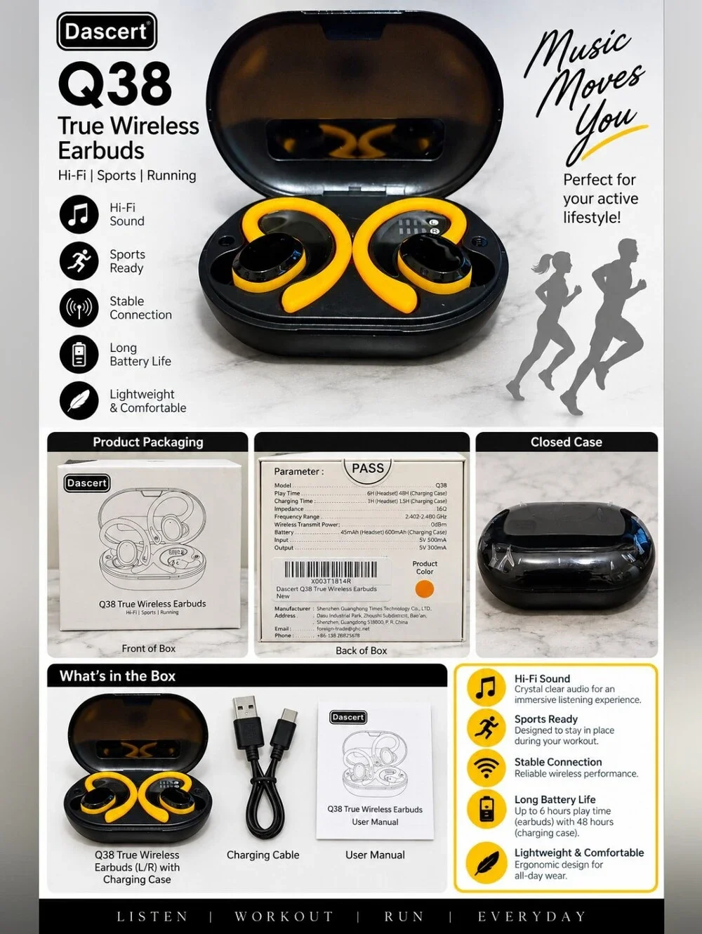 Dascert Q38 True Wireless Earbuds - Yellow/Black - NIB
